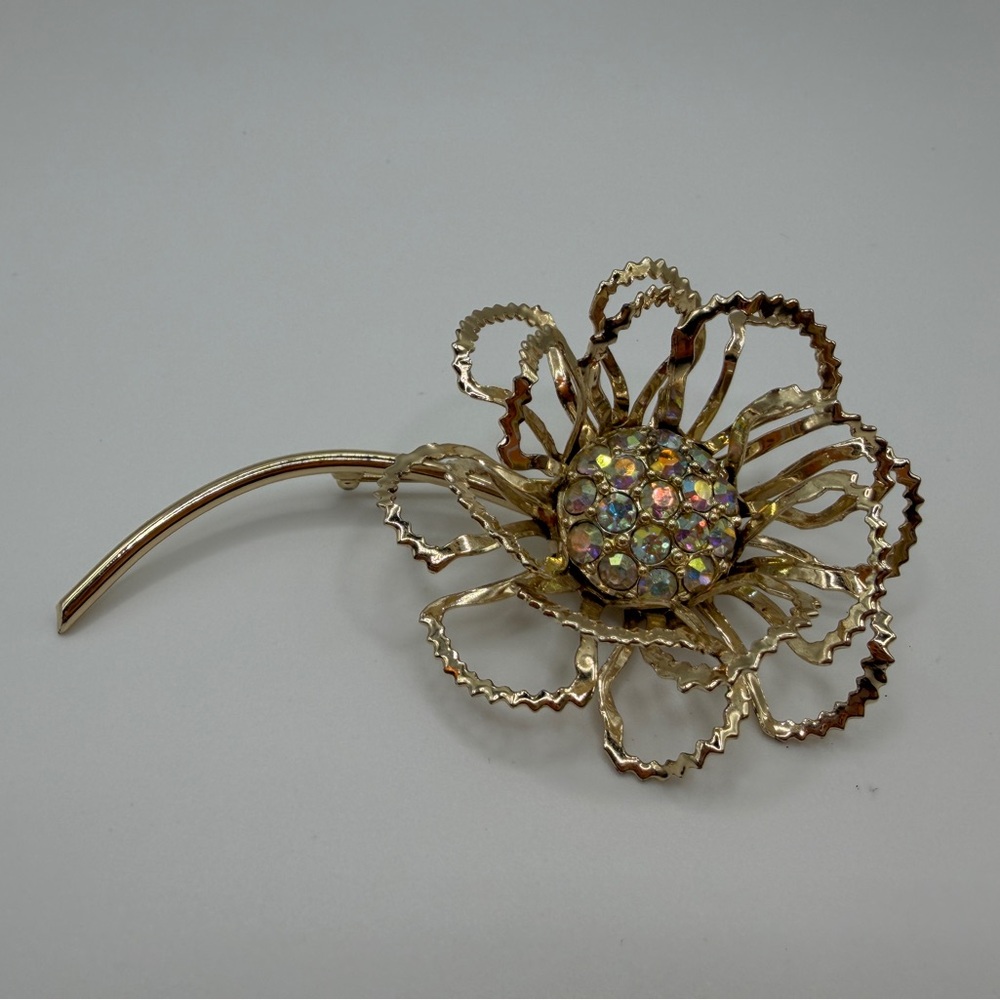 Sarah Coventry Allusion Flower Brooch Pin Gold Tone AB Rhinestones 3.25 Inches